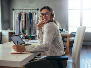 A woman working in an office